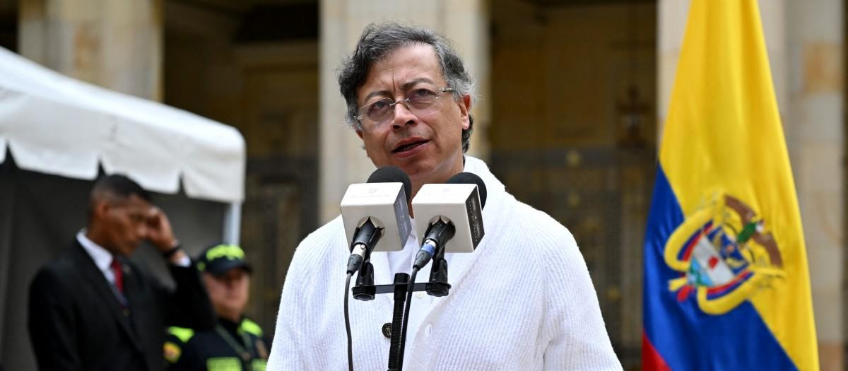 Colombia's President Gustavo Petro speaks after voting at a polling station during legislative elections in Bogota on March 8, 2026. Colombians vote on March 8 in legislative elections that will shape the final months of left-wing President Gustavo Petro's term and test whether the country's once-powerful right wing is poised for a political comeback. (Photo by RAUL ARBOLEDA / AFP)