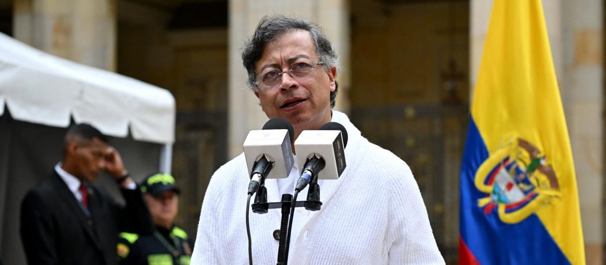 Colombia's President Gustavo Petro speaks after voting at a polling station during legislative elections in Bogota on March 8, 2026. Colombians vote on March 8 in legislative elections that will shape the final months of left-wing President Gustavo Petro's term and test whether the country's once-powerful right wing is poised for a political comeback. (Photo by RAUL ARBOLEDA / AFP)
