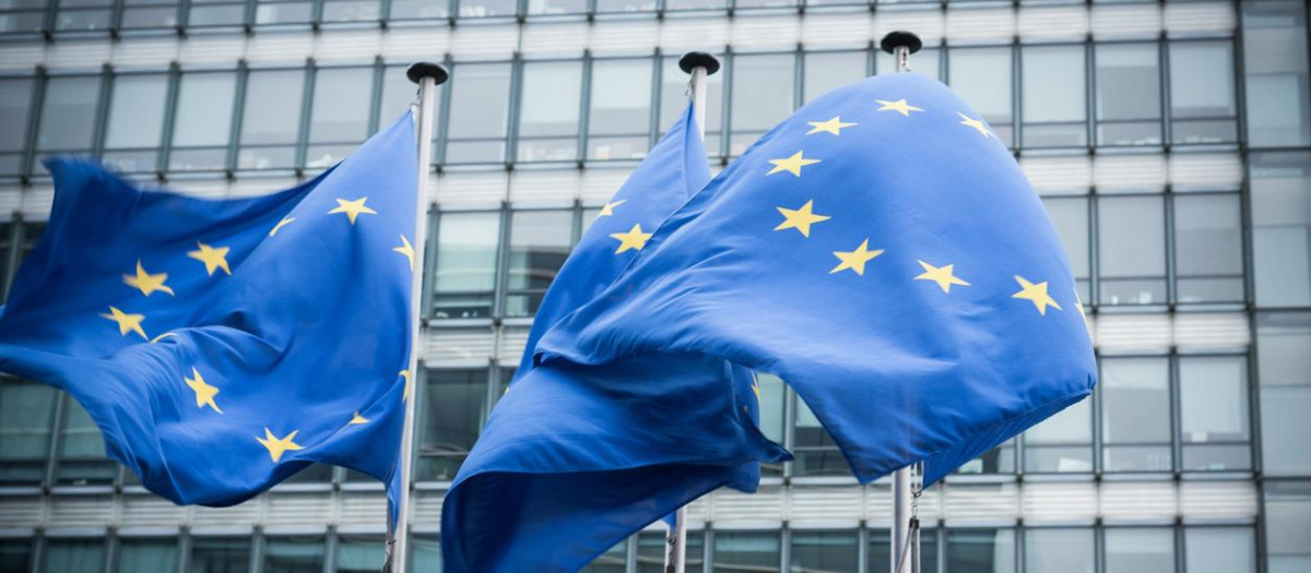 Varias banderas ondean frente al edificio de la Comisión Europea