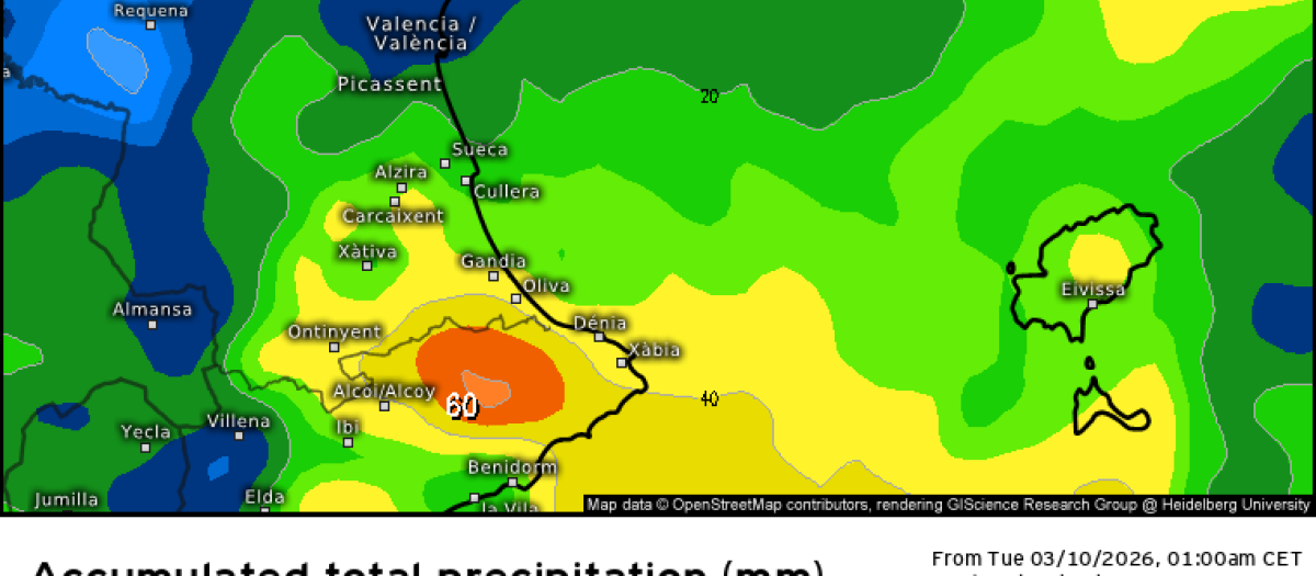 Mapa con la cantidad de lluvias previstas durante las Fallas 2026, según el modelo ECMWF.