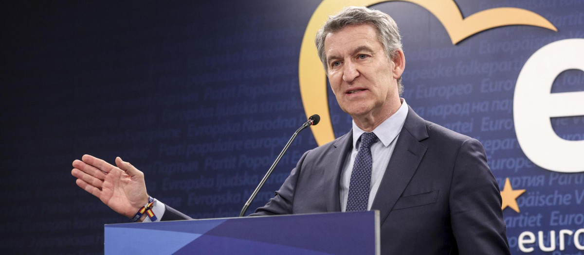 El presidente del PP, Alberto Núñez Feijóo, en la sede del Partido Popular Europeo en Bruselas