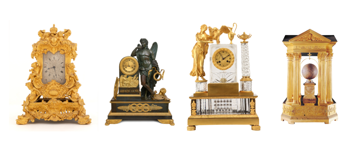 Algunas de las piezas expuestas en “La precisión del tiempo: Relojes del siglo XIX en las Colecciones Reales”