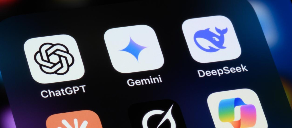 Toronto, Canada - March 9, 2025:  AI assistant apps on a smartphone - OpenAI ChatGPT, Google Gemini, DeepSeek, Anthropic Claude, xAI Grok, and Microsoft Copilot.