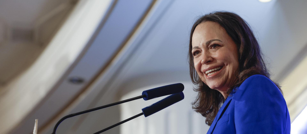 La líder opositora venezolana y Nobel de la Paz María Corina Machado protagoniza un desayuno informativo organizado por Fórum Europa en Madrid, este lunes.