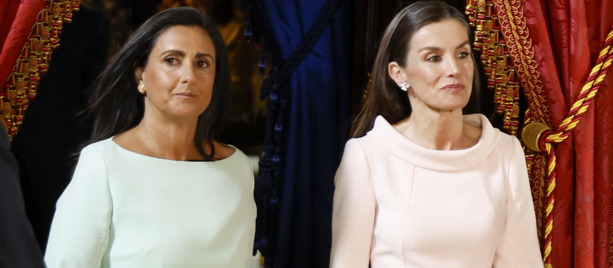Spanish Queen Letizia and Margarida Maldonado Freitas during a luncheon ceremony for Portugal President on ocassion his official visit to Spain in Madrid on Monday, 20 April 2026