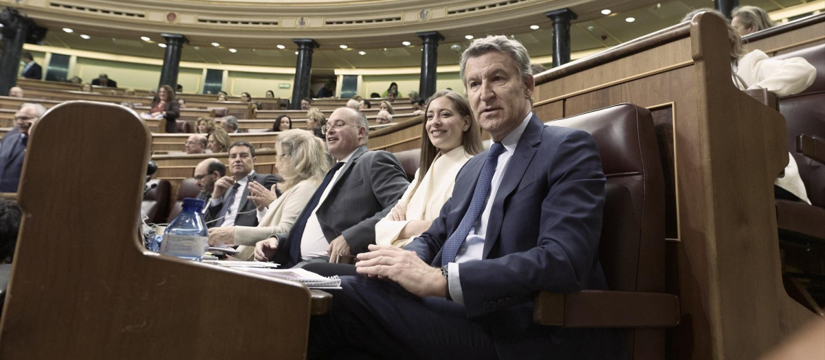 El presidente del PP, Alberto Núñez Feijóo, la portavoz del PP en el Congreso, Ester Múñoz