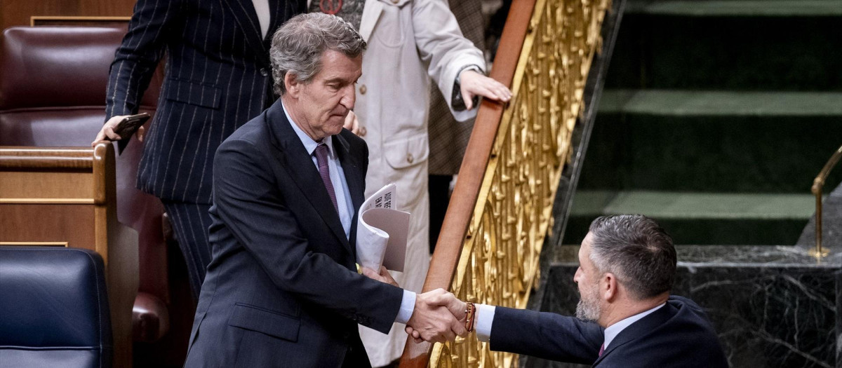 El presidente del Partido Popular, Alberto Núñez Feijóo, saluda al presidente de VOX, Santiago Abascal