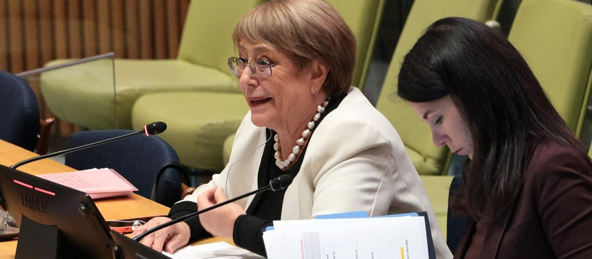 NEW YORK, NEW YORK - APRIL 21: Former Chilean President Michelle Bachelet speaks during an informal dialogue for the candidacy position of the next Secretary-General at the United Nations headquarters on April 21, 2026 in New York City. The four candidates to be the next secretary-general of the United Nations will be auditioning to replace outgoing UN Secretary-General António Guterres.   Michael M. Santiago/Getty Images/AFP (Photo by Michael M. Santiago / GETTY IMAGES NORTH AMERICA / Getty Images via AFP)
