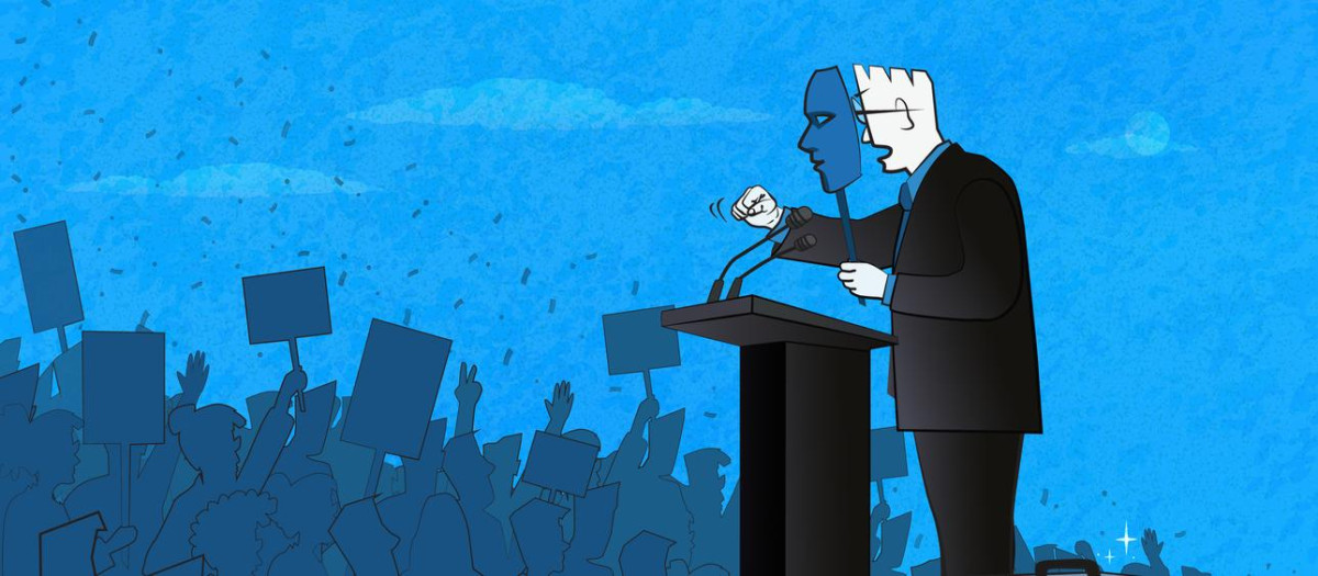Politician holding a mask in front of his face speaking to a large crowd of people. (Used clipping mask)