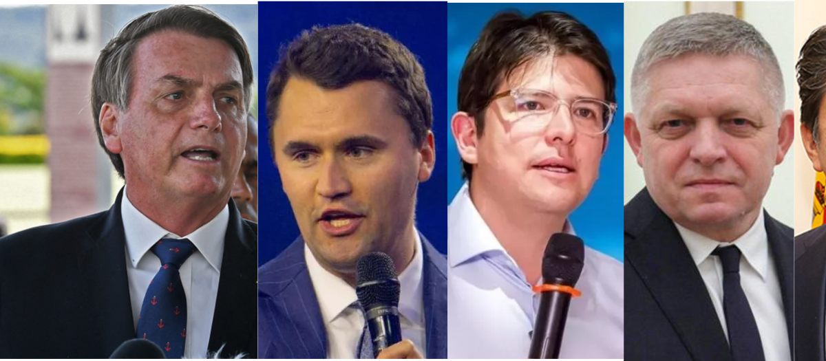 Combo de fotos de líderes de derecha atacados o asesinados Jair Bolsonaro, Charlie Kirk, Miguel Uribe, Robert Fico, Shinzo Abe
