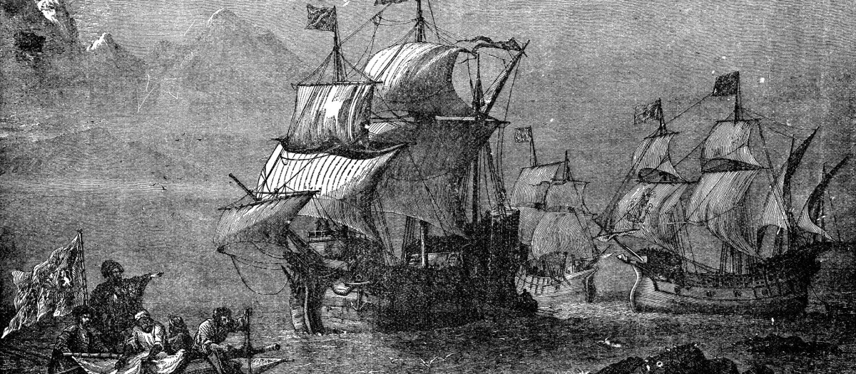 El descubrimiento del Estrecho de Magallanes, pintura de Oswald Walters Brierly - siglo XIX