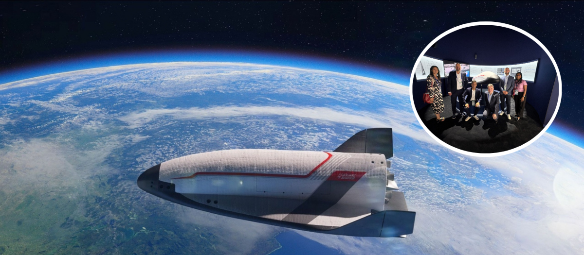 Imagen de la recreación del proyecto y la firma del acuerdo entre Arkadia Space y Dessault Aviation