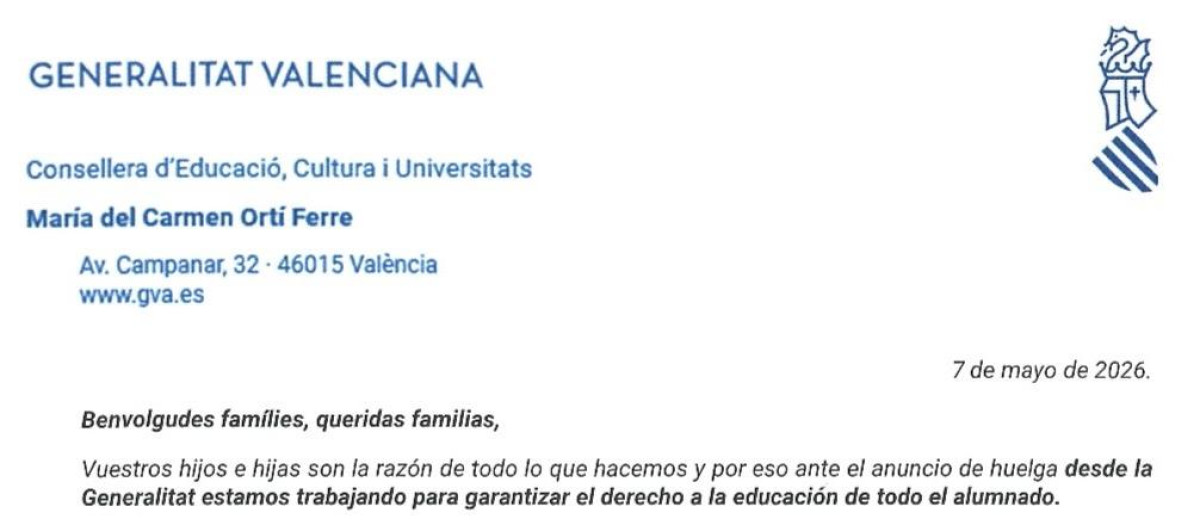 Carta remitida por la consellera de Educación de la Generalitat Valenciana a las familias ante el inicio de la huelga indefinida de profesores.