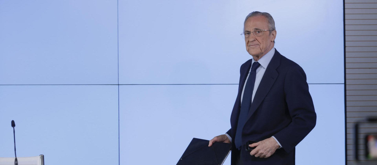MADRID, 12/05/2026.- El presidente del Real Madrid, Florentino Pérez, ofrece una rueda de prensa este martes, en Madrid. Florentino Pérez afirmó este martes que no va a dimitir e informó de que ha pedido a la junta electoral que inicie el proceso electoral a las elecciones a la junta directiva a la que se va a presentar. EFE/ Juanjo Martín