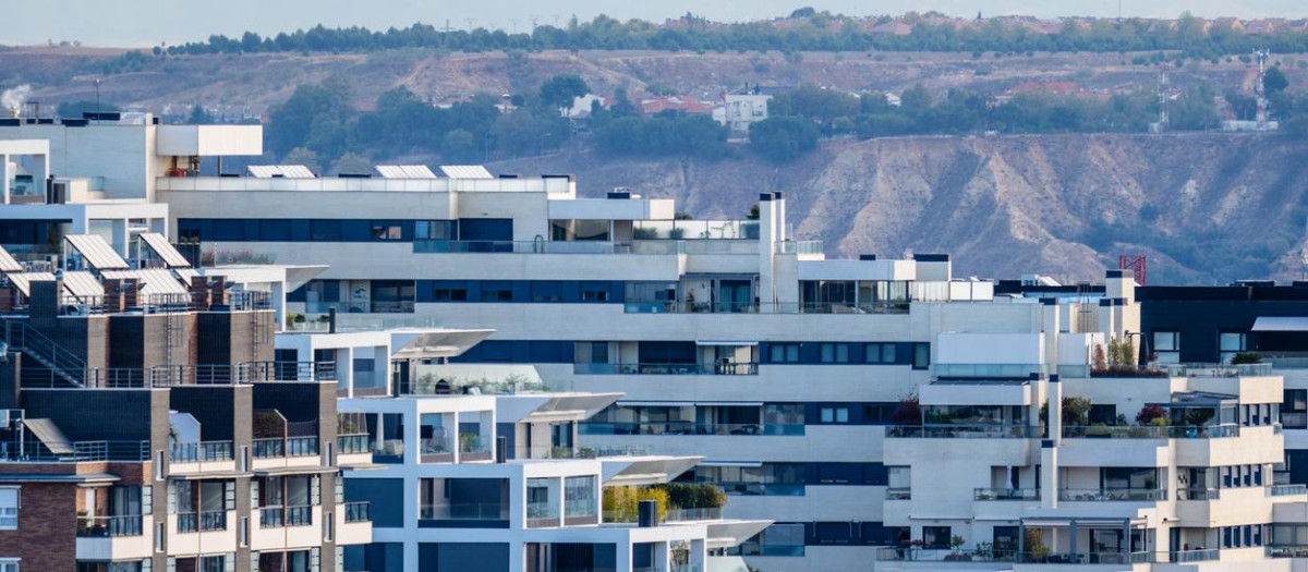 Cityscape of modern residential area with residential apartment buildings in Madrid. Real estate concept.