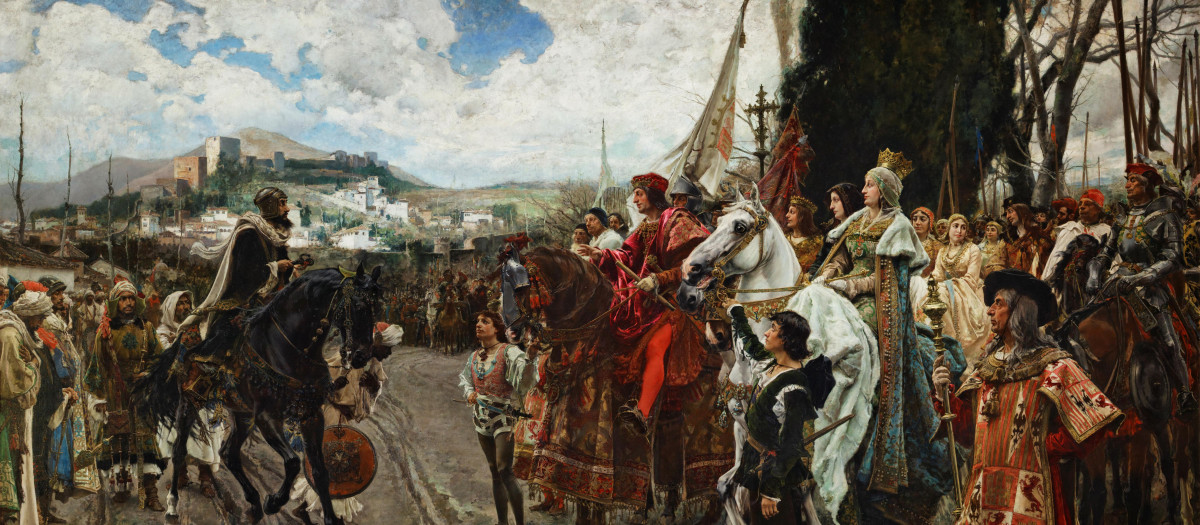 Boabdil entrega las llaves de Granada a los Reyes Católicos. La rendición de Granada de Francisco Pradilla (1882)