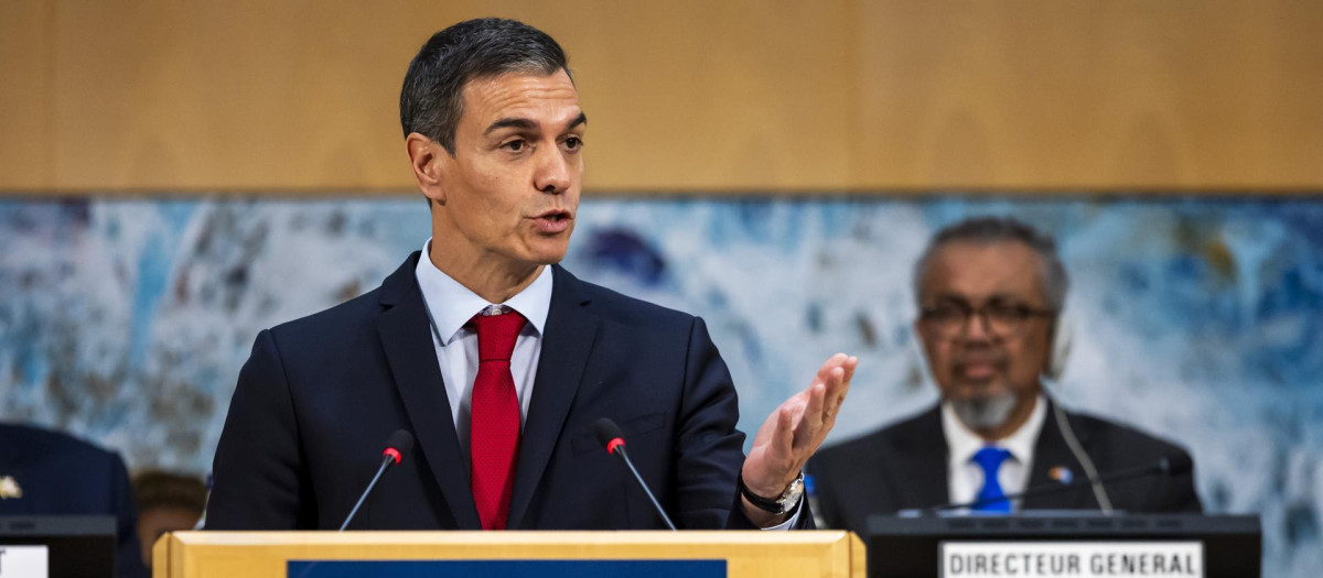 Pedro Sánchez durante su intervención en la 79ª Asamblea Mundial de la Salud en la sede europea de las Naciones Unidas en Ginebra, Suiza