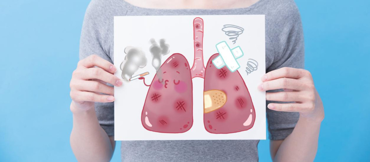 woman take unhealth lung billboard on the blue background