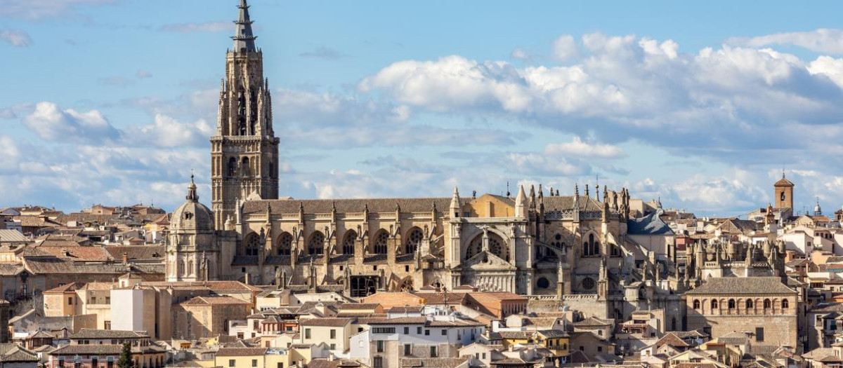 Toledo Cathedral above old town roofs, Spain