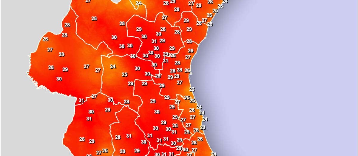 Mapa con las temperaturas máximas registradas este domingo 24 de mayo en la Comunidad Valenciana.