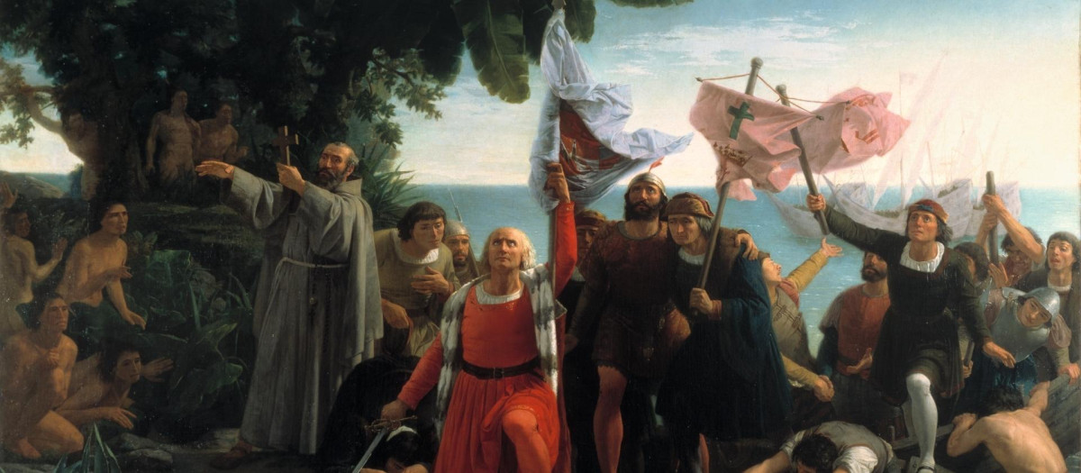 Pintura romántica de la llegada de Cristóbal Colón a América. Obra de Dióscoro Puebla, 1862