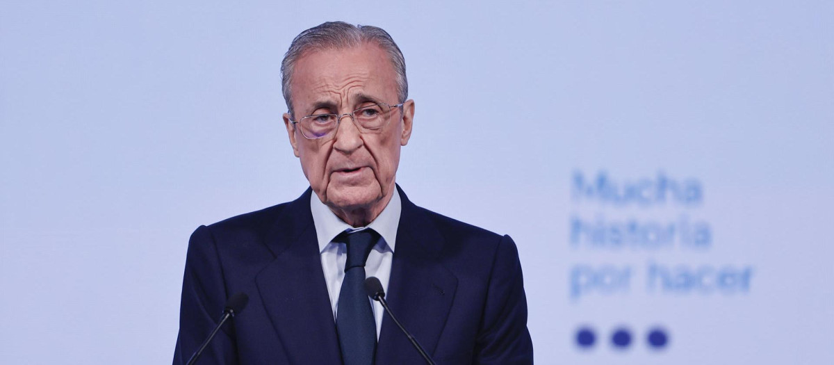 El presidente del Real Madrid Florentino Pérez, interviene durante la presentación de su candidatura a las elecciones del club, bajo el lema 'Mucha historia por hacer'