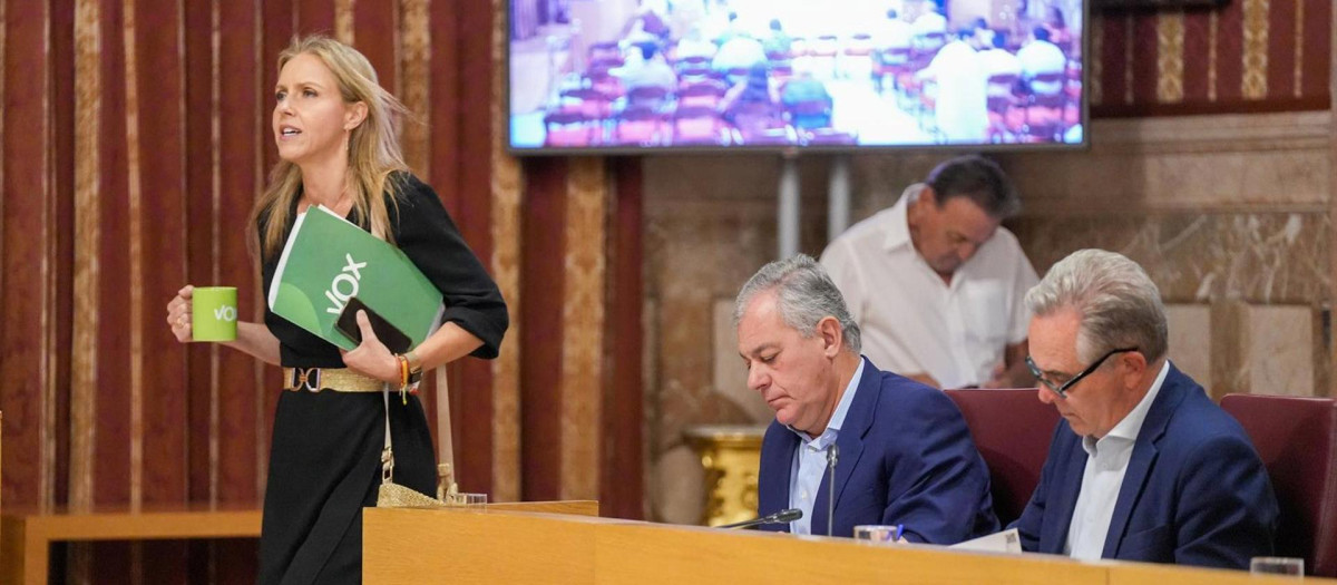 La concejal de Vox en Sevilla, Cristina Peláez, pasa junto al alcalde de Sevilla, José Luis Sanz (archivo)