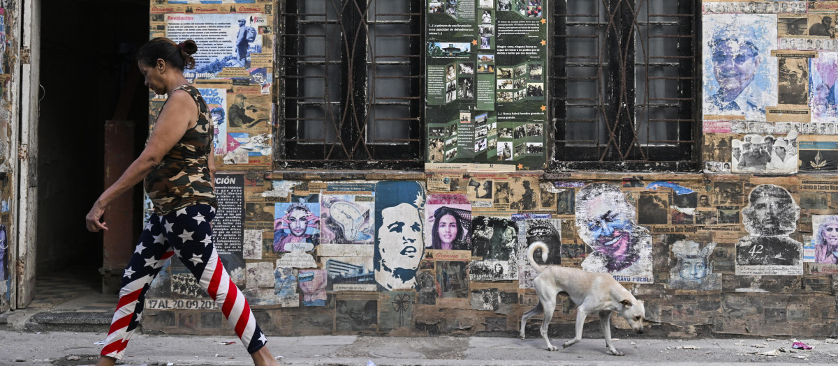 Una mujer con leggings con la bandera de Estados Unidos y un perro pasan junto a una casa