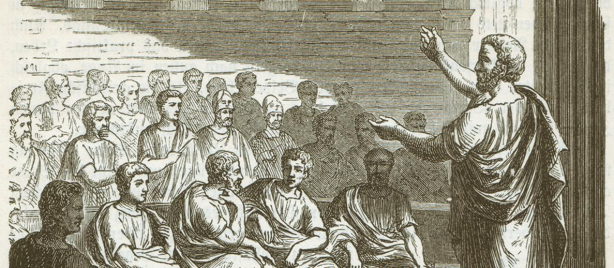 Demosthenes speech against Philip of Macedon.
Demosthenes (384 BC - 322 BC) was the greatest Greek orator. After  the "Peace of Philokrates" (346 BC), he rose to become the leading statesman of Athens. Philip II (c. 382 BC - 336 BC) was of 359 to 336 BC King of Macedonia and the father of Alexander the Great. Woodcut from the book "Hellas. Das Land und Volk der alten Griechen. (Hellas. The land and peaple of the ancient Greeks.)” (2nd Volume) by Dr. Wilhelm Waegner (1882, 5th edition) published by Otto Spamer, Leipzig and Berlin