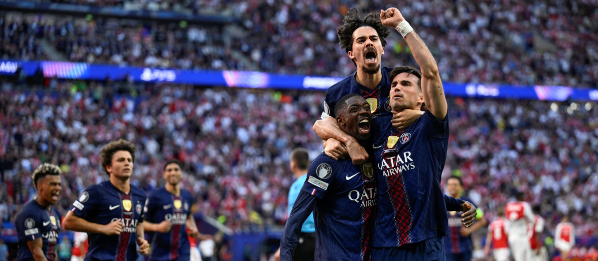 Dembélé celebra el gol del PSG para empatar la final de Champions