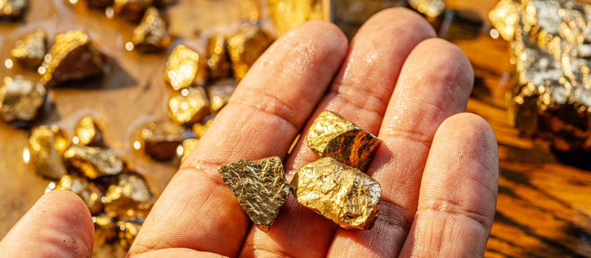 Gold nuggets on a brass plate and on palm. Imitation gold nuggets.