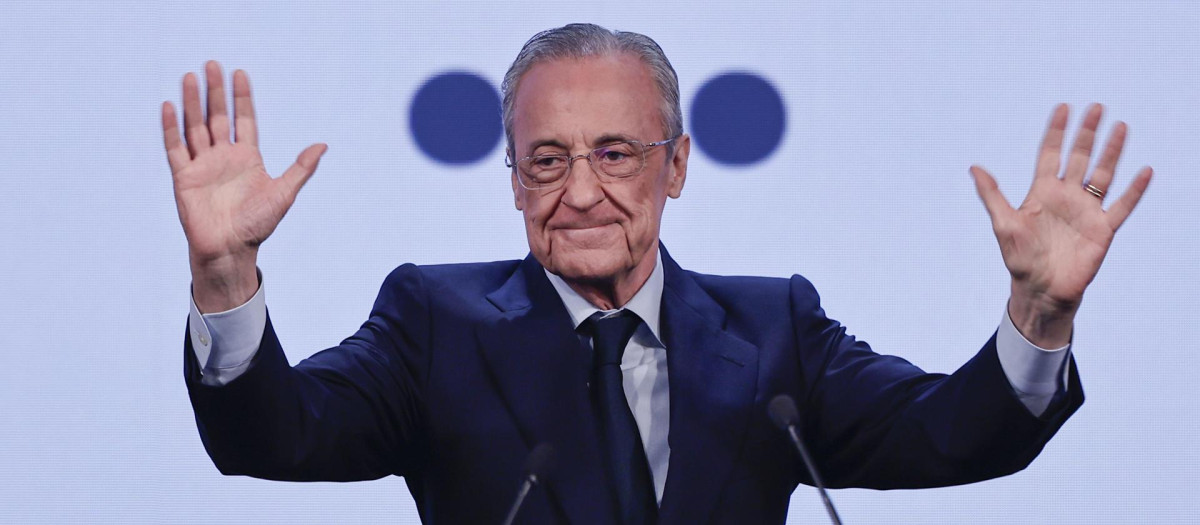 MADRID, 27/05/2026.- El presidente del Real Madrid, Florentino Pérez, interviene durante la presentación de su candidatura a las elecciones del club, bajo el lema "Mucha historia por hacer", este miércoles en Madrid. EFE/Sergio Pérez