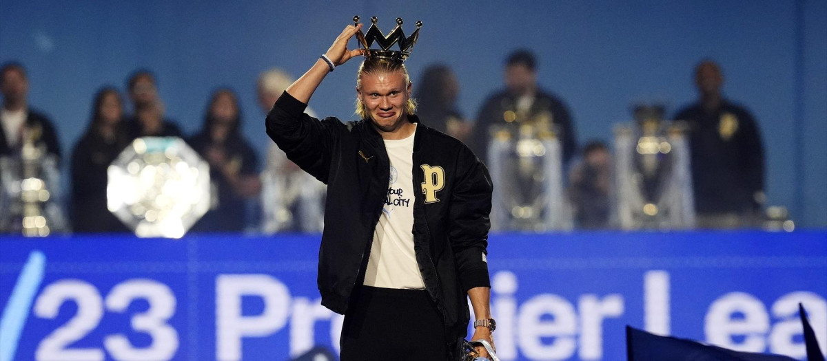 Erling Haaland, durante la celebración del Manchester City esta temporada