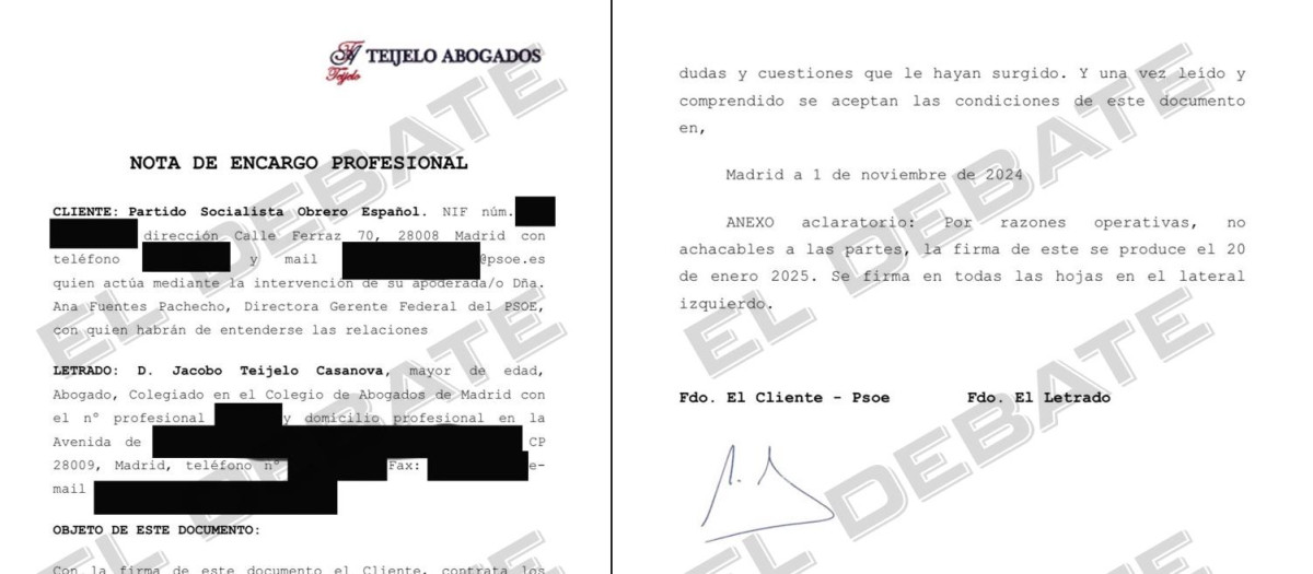 Primera y última página de la "Hoja de encargo" suscrita entre el PSOE y el abogado de Santos Cerdán, Jacobo Teijelo