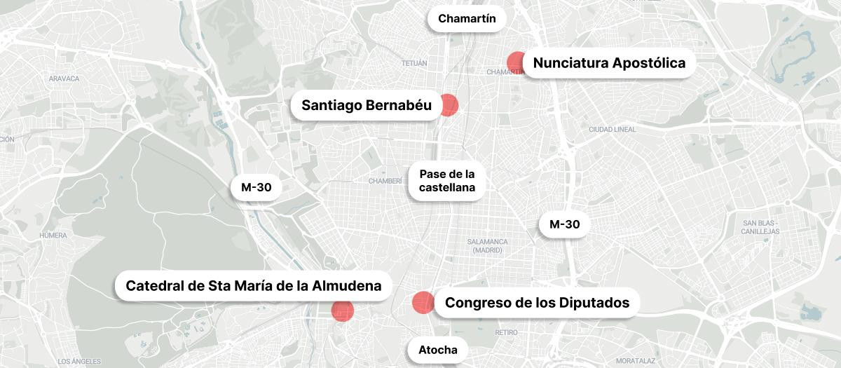 Mapa de zonas calientes de tráfico que habrá el lunes con motivo de la visita del Papa