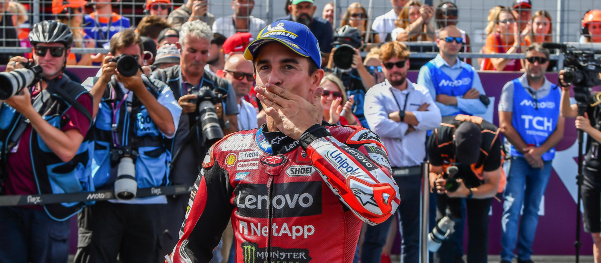 Team Ducati Lenovo Team's Marc Marquez celebrates after winning the Sprint competition at the Balaton Park Circuit in Balatonfokajar, Hungary, on June 6, 2026, ahead of the Hungarian Motorcycle MotoGP Grand Prix. (Photo by FERENC ISZA / AFP)