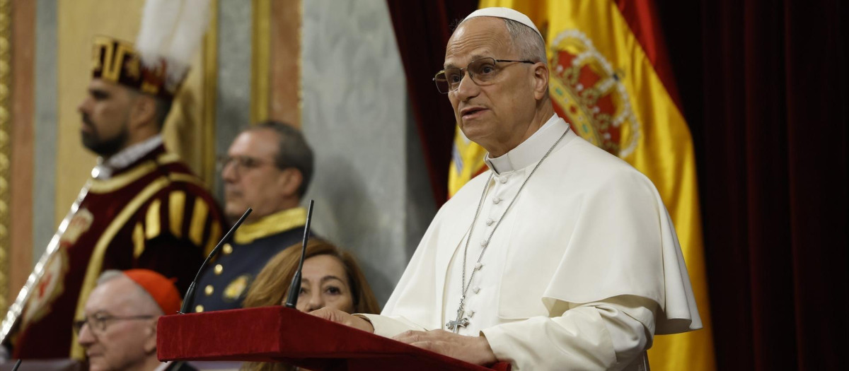 El Papa León XIV, durante su intervención histórica en el Congreso de los Diputados