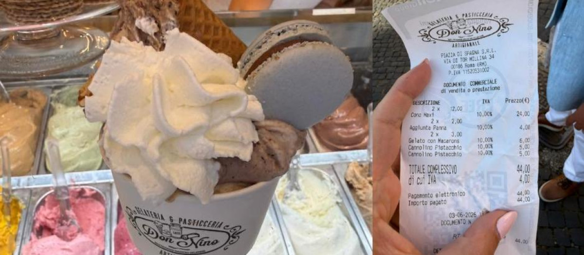 Montaje del helado y el ticket de una pareja de turistas a los que estafaron en Roma