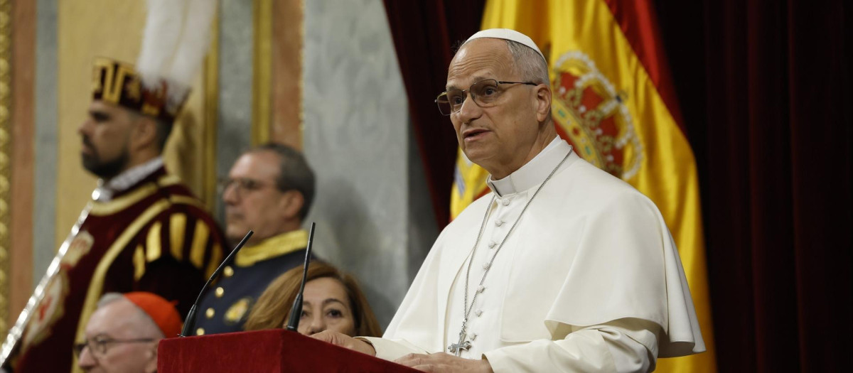 El Papa León XIV, durante su intervención histórica en el Congreso de los Diputados
