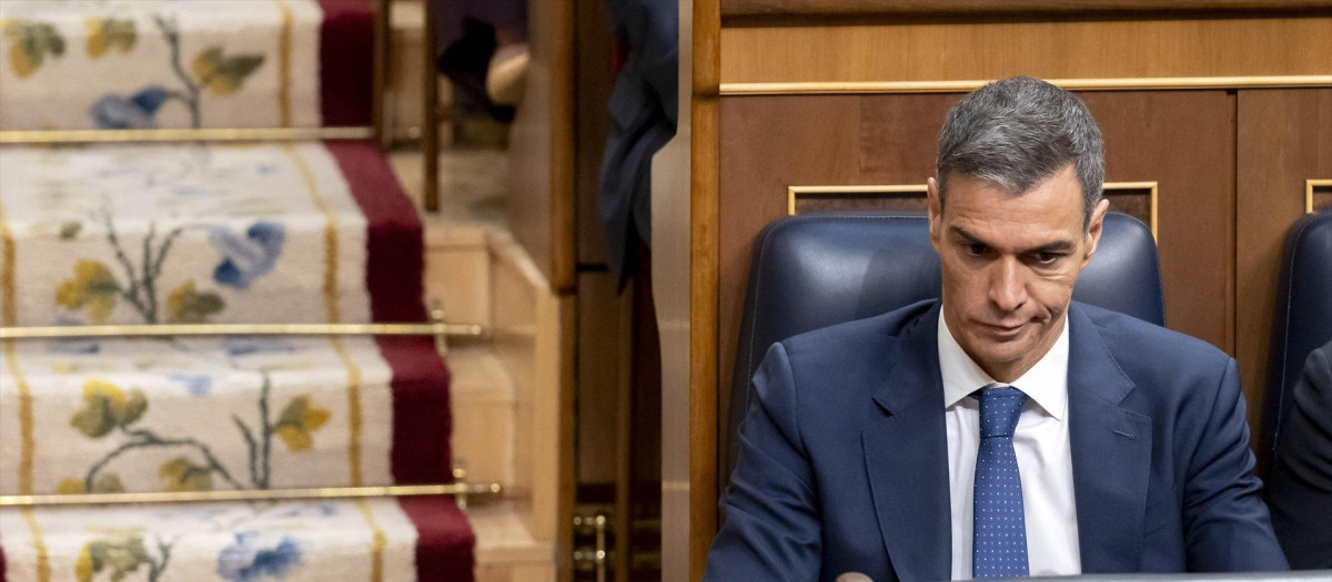 El presidente del Gobierno, Pedro Sánchez, durante el discurso del Papa en el Congreso de los Diputados