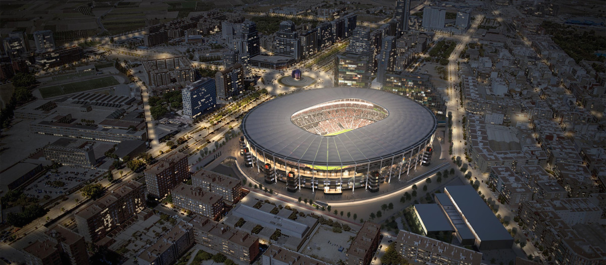 Imagen virtual de cómo quedará el Nuevo Mestalla con las torres de Atitlan al norte y el futuro polideportivo de Benicalap al sur.