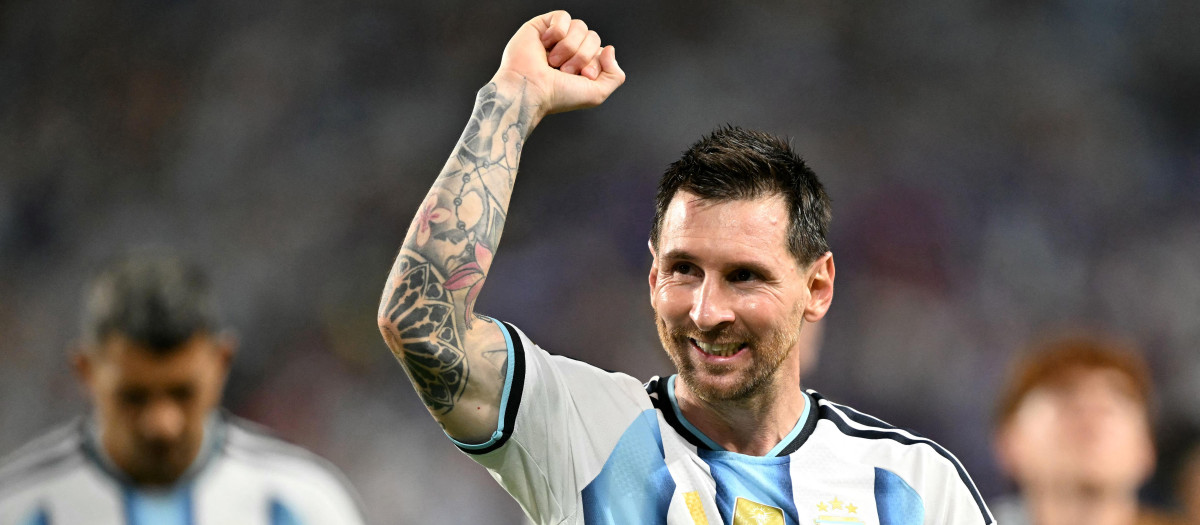 Argentina's forward #10 Lionel Messi celebrates after winning the 2026 World Cup round of 32 football match between Argentina and Cape Verde at the Miami Stadium in Miami Gardens on July 3, 2026.  (Photo by CHANDAN KHANNA / AFP)