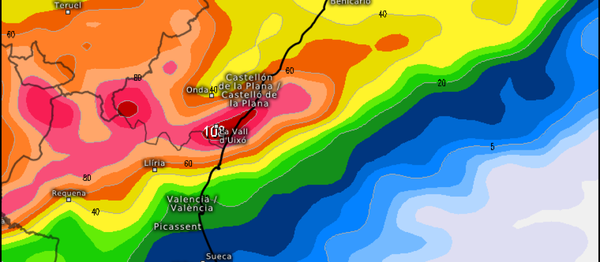 Mapa con la previsión de lluvias por el modelo europeo ECMWF hasta el 23 de julio en Valencia.