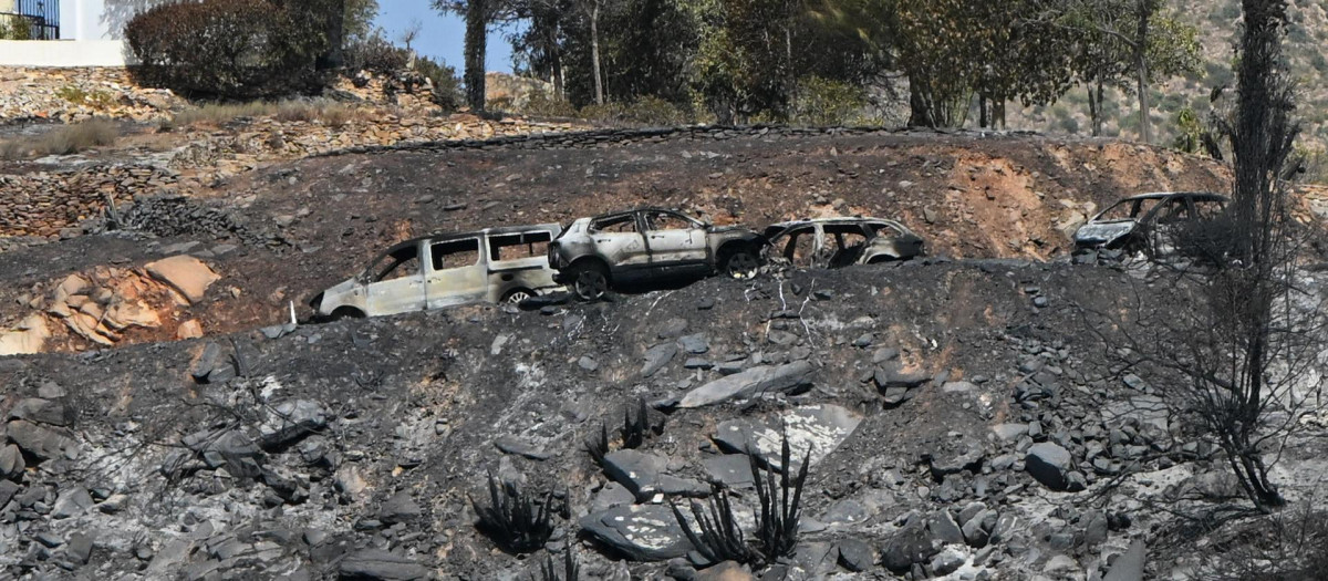 FOTODELDIA BÉDA (ALMERÍA) (ESPAÑA), 11/07/2026.- Restos de vehiculos calcinados en el municipio almeriense de Béda . La superficie afectada por el incendio forestal originado en Los Gallardos (Almería), con doce fallecidos, se ha elevado a 6.600 hectáreas por los avances registrados durante la pasada jornada, que obligaron a ampliar el perímetro ante la presencia de focos y frentes muy activos. EFE/Carlos Barba