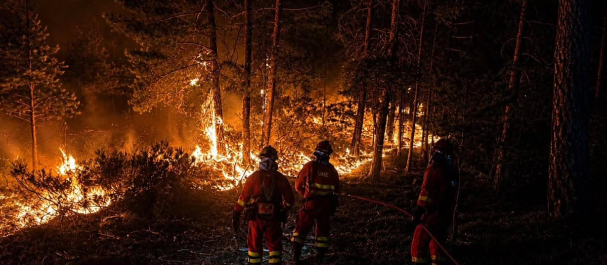 Bomberos luchando contra el fuego en el incendio de La Mierla (Guadalajara)
