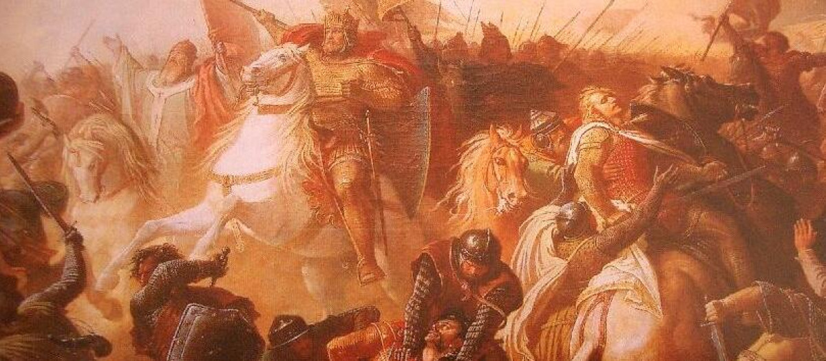 La batalla húngara de Lechfeld 955, una pintura de Michael Echter de 1860