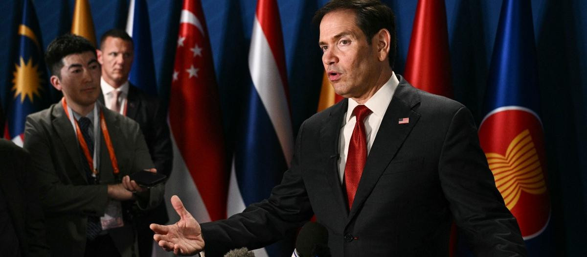 US Secretary of State Marco Rubio speaks to the press on the sidelines of the Association of Southeast Asian Nations (ASEAN) Foreign Ministers Meeting in Pasay, Metro Manila on July 23, 2026. (Photo by Brendan SMIALOWSKI / POOL / AFP)
