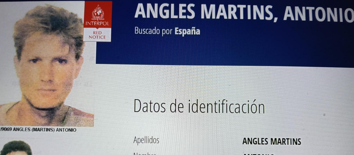 Imagen de la ficha de Antonio Anglés actualizada por la Interpol este sábado 25 de julio com su nueva edad