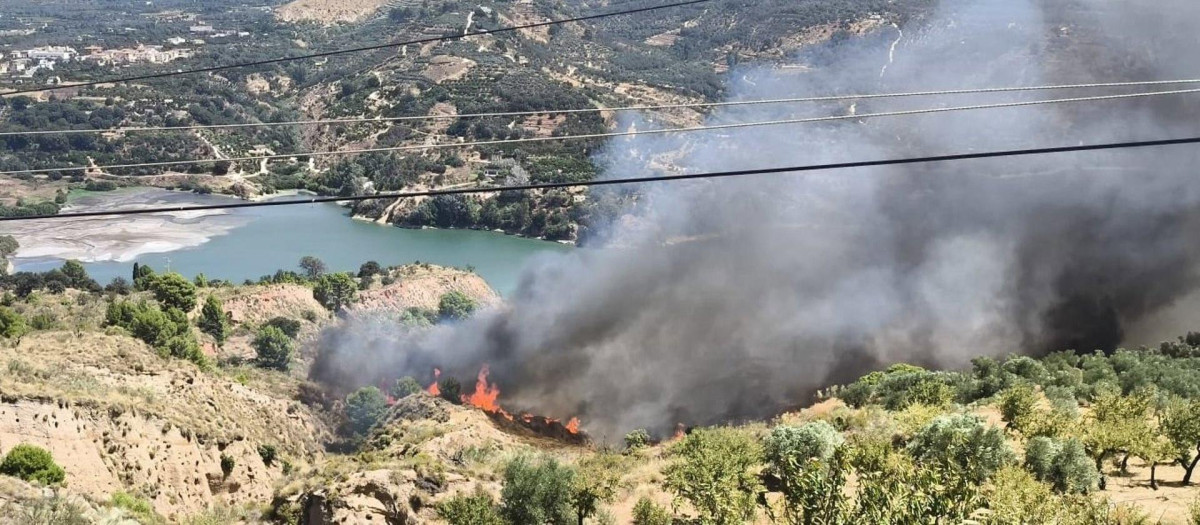 Incendio forestal en el pantano del Beznar, en la localidad granadina de Pinos del Valle