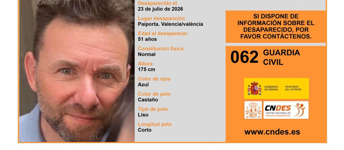 Cartel de la alerta por la desaparición del guardia civil Enrique José S.S. en Paiporta (Valencia)